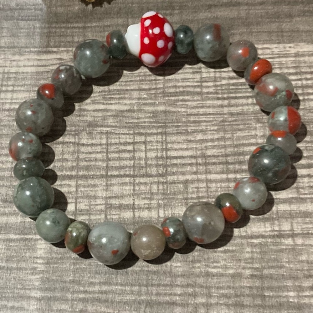 Hand Crafted Gray and Red African Bloodstone Crystal Bracelet